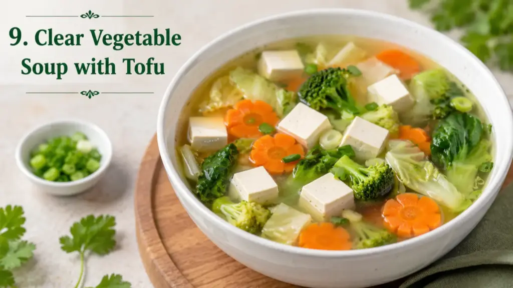 15-Min Low-Calorie Indian Dinner Recipes: Clear Vegetable Soup with Tofu for Healthy Light and Nutritious Indian Dinner Ideas