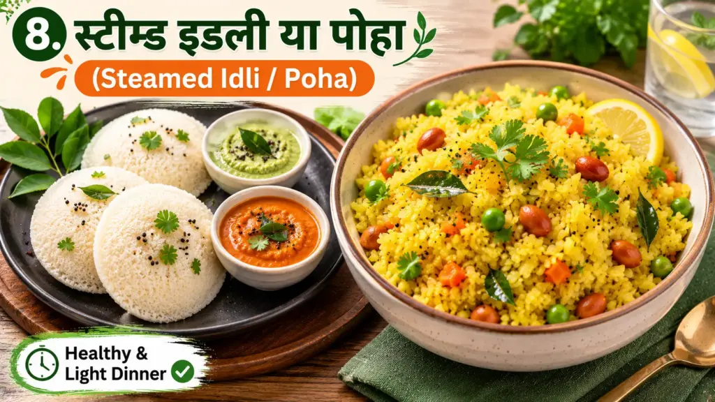 15-Min Low-Calorie Indian Dinner Recipes: Steamed Idli and Poha with Chutney for Healthy and Light Indian Dinner Ideas