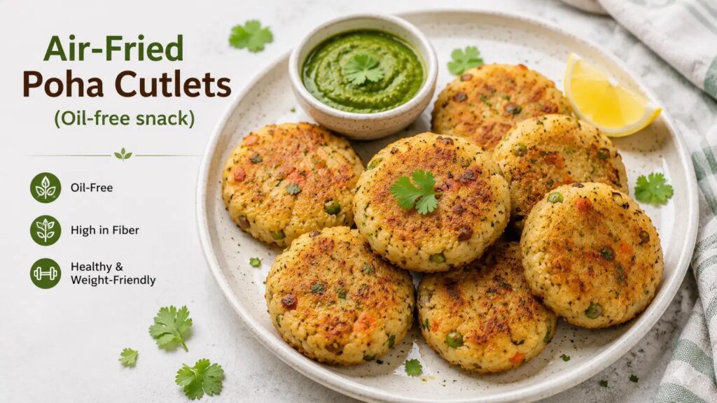 "Air-fried poha cutlets served with green chutney and lemon – an oil-free healthy Indian snack for weight loss and evening cravings."