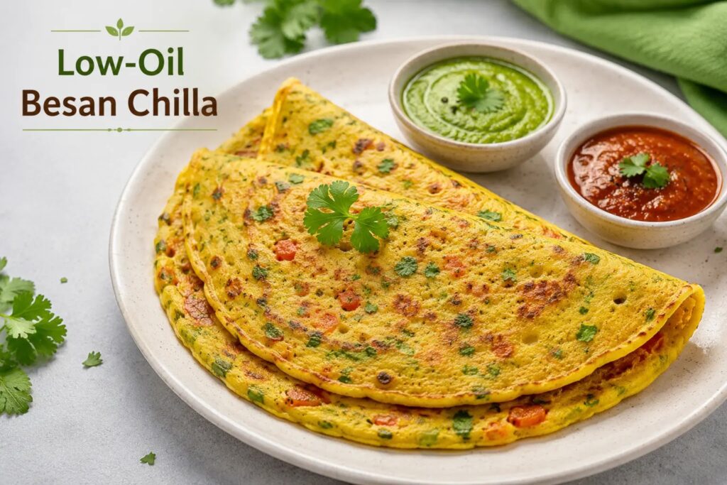 "Low-oil besan chilla served on a plate with green chutney and tomato dip – a healthy high-protein Indian breakfast option."