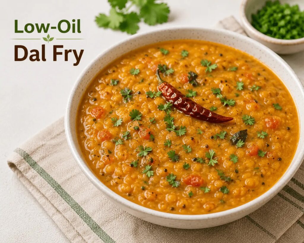 "Low-oil dal fry served in a bowl, garnished with coriander and red chili – a healthy Indian lentil dish for a balanced meal."