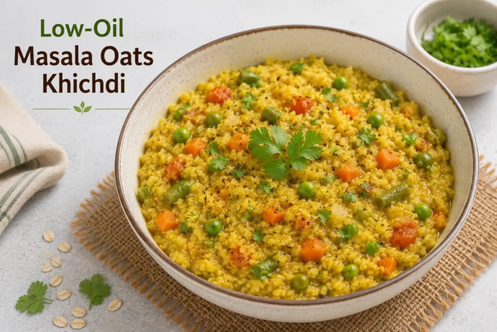 "Low-oil masala oats khichdi served in a bowl with mixed vegetables – a healthy high-fiber Indian meal for weight loss."