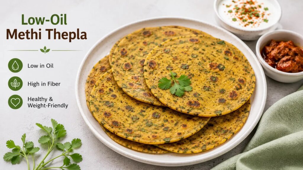 "Low-oil methi thepla served on a plate with curd and pickle – a healthy high-fiber Indian flatbread for breakfast or travel meals."
