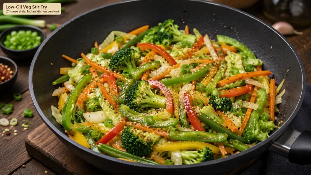 "Low-oil veg stir fry with colorful vegetables in Chinese style, made in an Indian kitchen using healthy cooking methods."