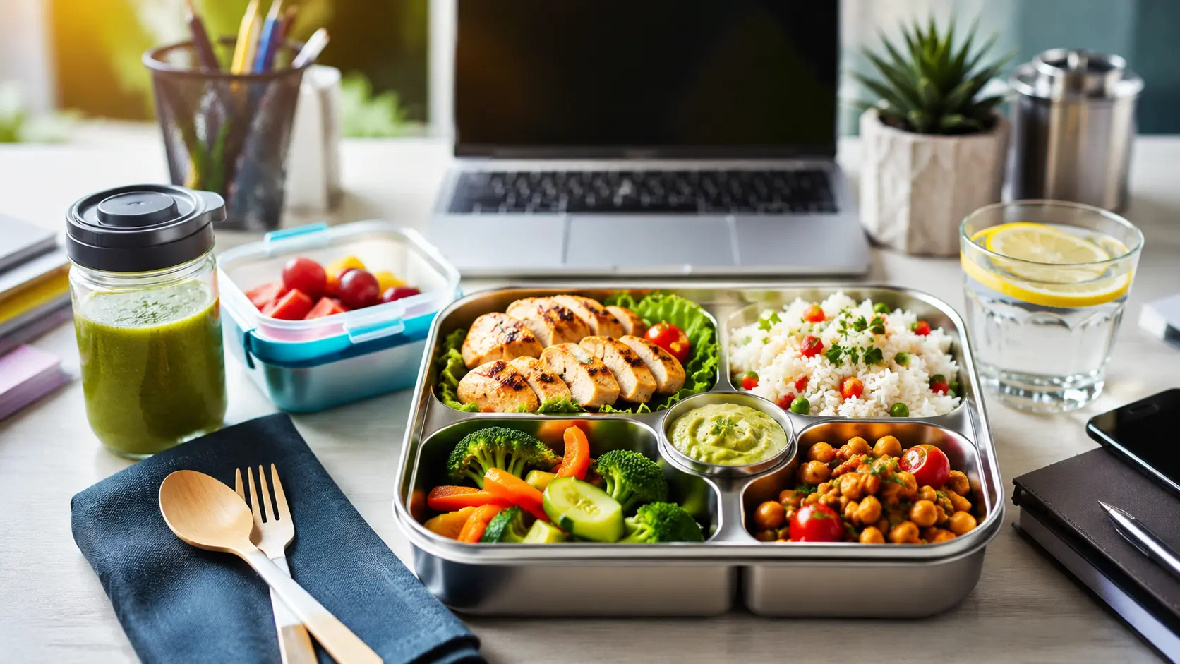 Office lunch box with quick homemade recipes like roti, sabzi, rice and salad for busy professionals