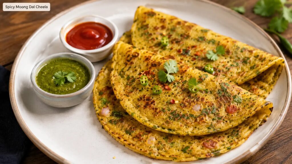 "Spicy Moong Dal Cheela served with green chutney and sauce – healthy low-oil Indian breakfast recipe."
