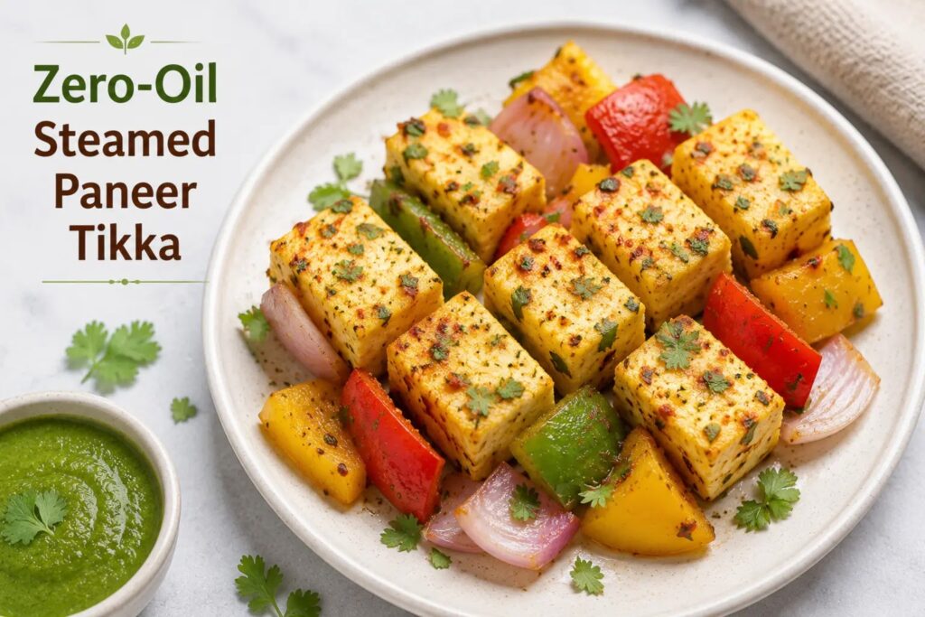 "Zero-oil steamed paneer tikka served with colorful bell peppers, onions, and green chutney – a healthy high-protein Indian snack."