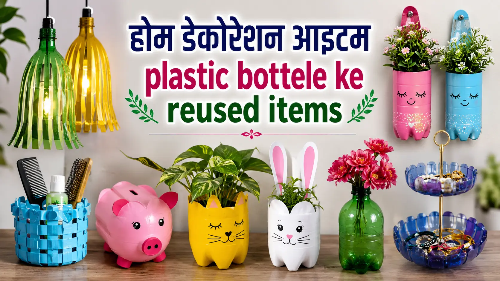 होम डेकोरेशन आइटम्स के लिए प्लास्टिक बोतलों से बनाए गए रीयूज्ड DIY क्राफ्ट्स, जिनमें हैंगिंग लैंप, वॉल प्लांटर, फ्लावर वास, स्टोरेज ऑर्गेनाइज़र और सजावटी आइटम शामिल हैं। इमेज पर "होम डेकोरेशन आइटम plastic bottele ke reused items" शीर्षक दिखाई दे रहा है।
