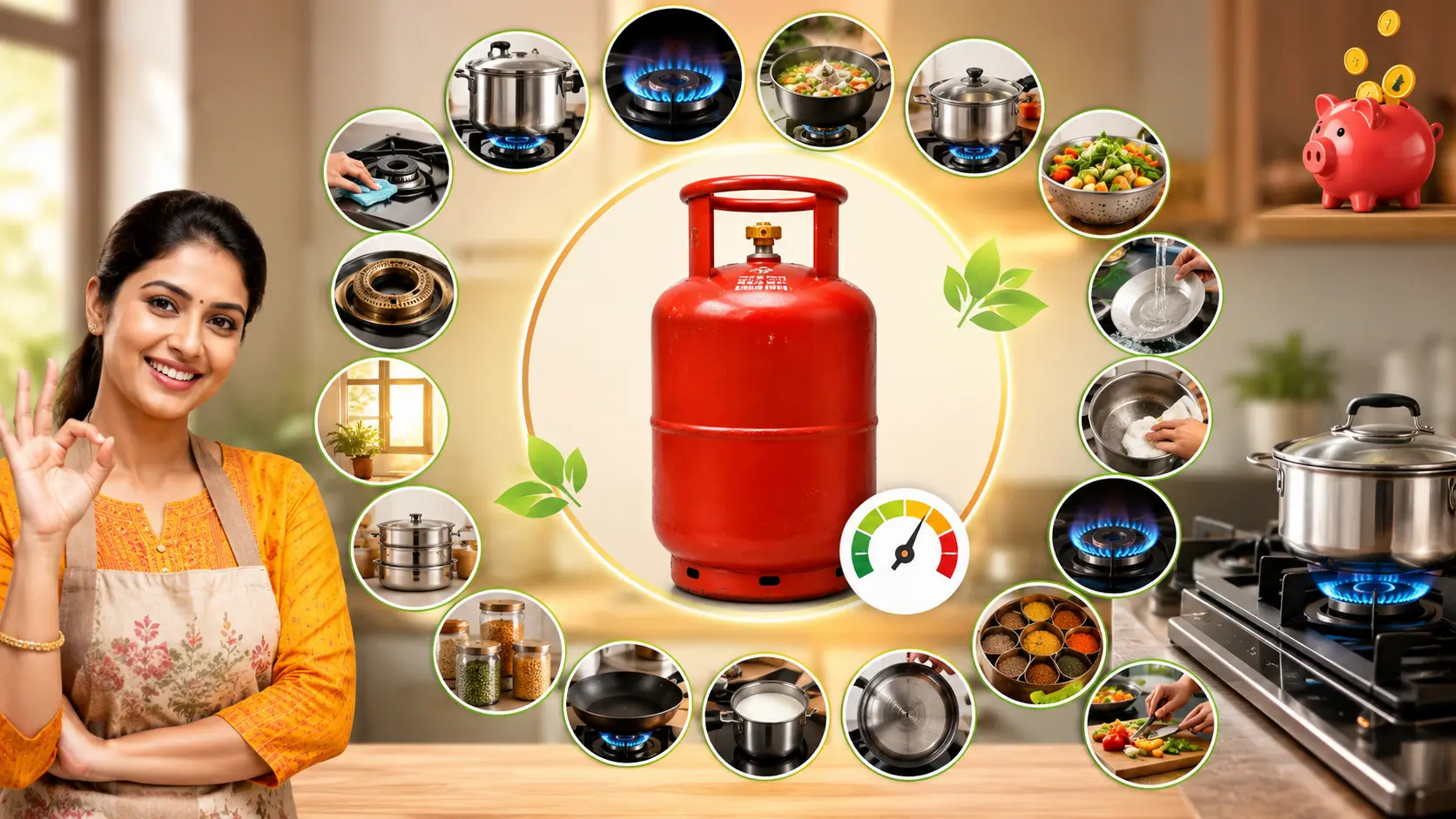 LPG Gas Saving Tips kitchen hacks showing Indian woman cooking in kitchen with gas stove and pressure cooker