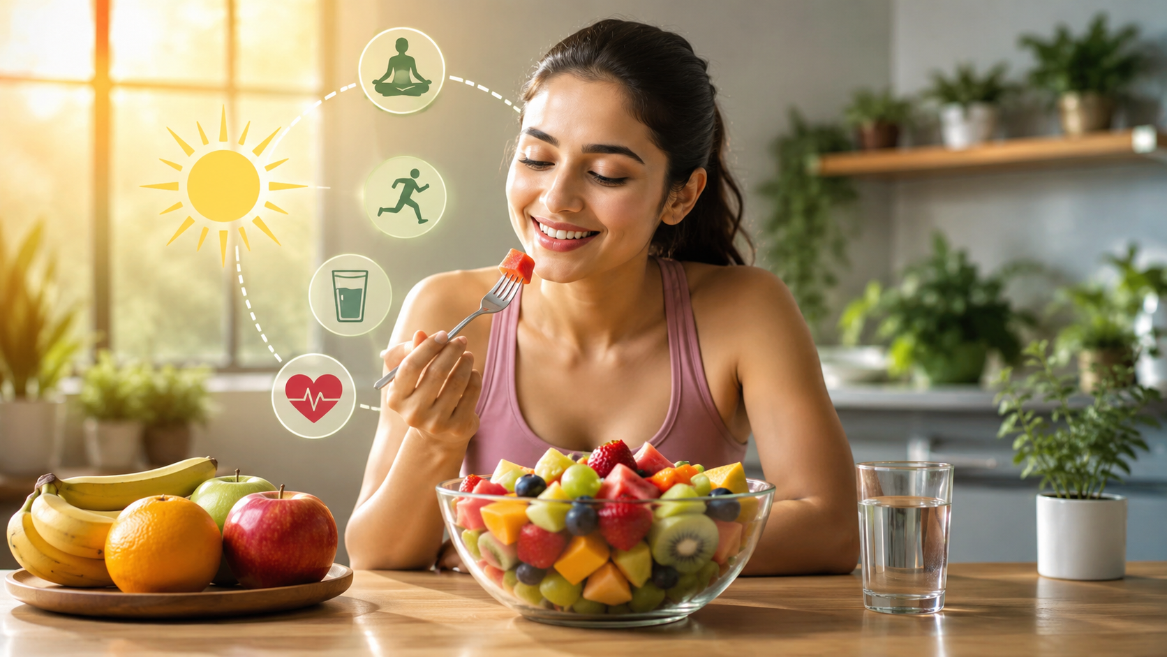Morning routine में फल खाने का ट्रेंड दिखाता हुआ एक simple और modern lifestyle breakfast setup जिसमें fresh fruits शामिल हैं
