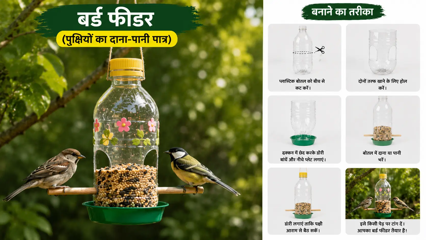 पुरानी प्लास्टिक बोतल से बना DIY बर्ड फीडर जिसमें पक्षियों के लिए दाना और पानी रखा गया है