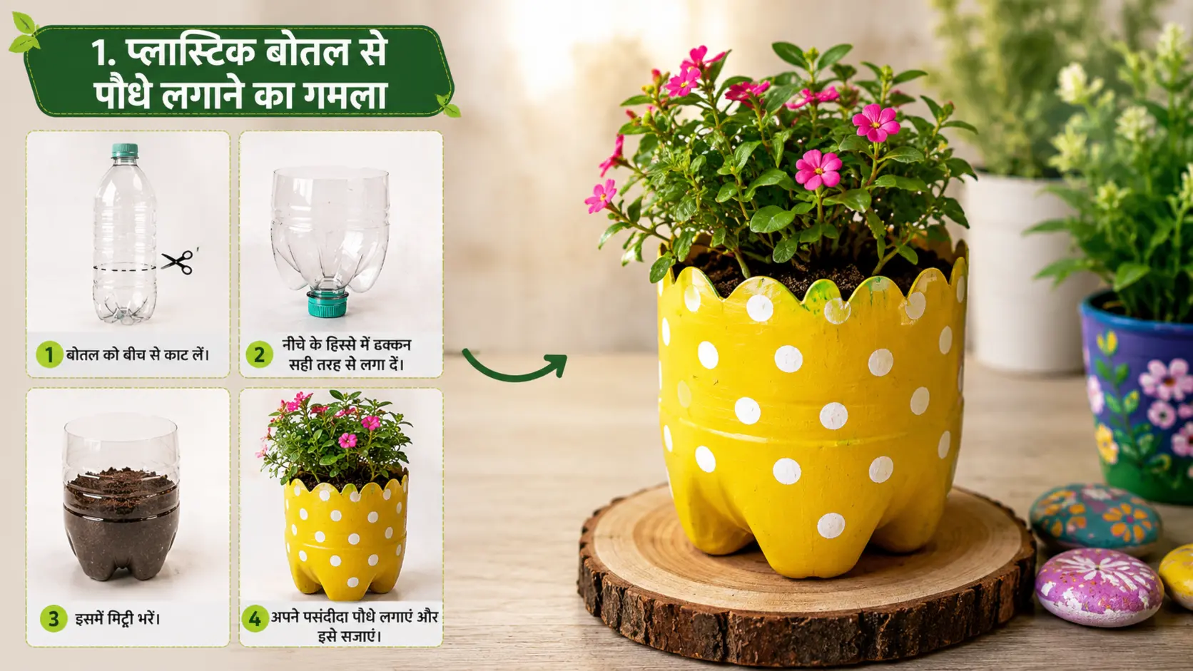 प्लास्टिक बोतल रीयूज़ आइडियाज़ के तहत पुरानी प्लास्टिक बोतल से बनाया गया सुंदर DIY पौधों का गमला जिसमें रंग-बिरंगे फूल लगे हुए हैं।