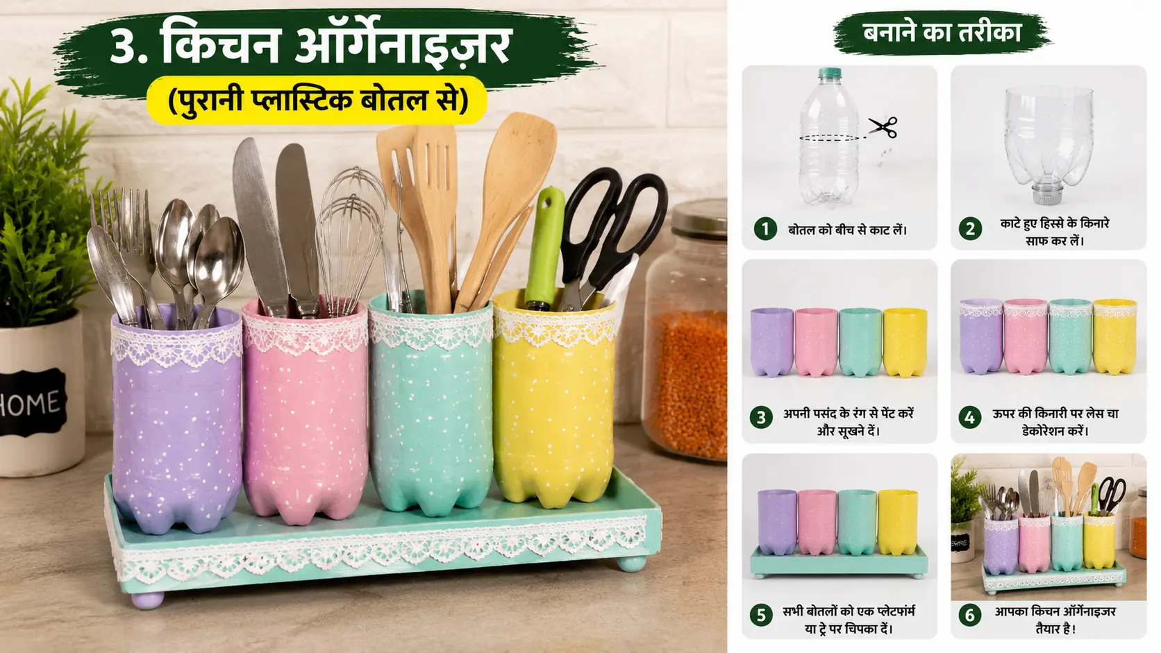 प्लास्टिक बोतल रीयूज़ आइडियाज़ के तहत पुरानी प्लास्टिक बोतलों से बनाया गया रंग-बिरंगा किचन ऑर्गेनाइज़र, जिसमें चम्मच, कांटे और रसोई के अन्य सामान व्यवस्थित रखे गए हैं।