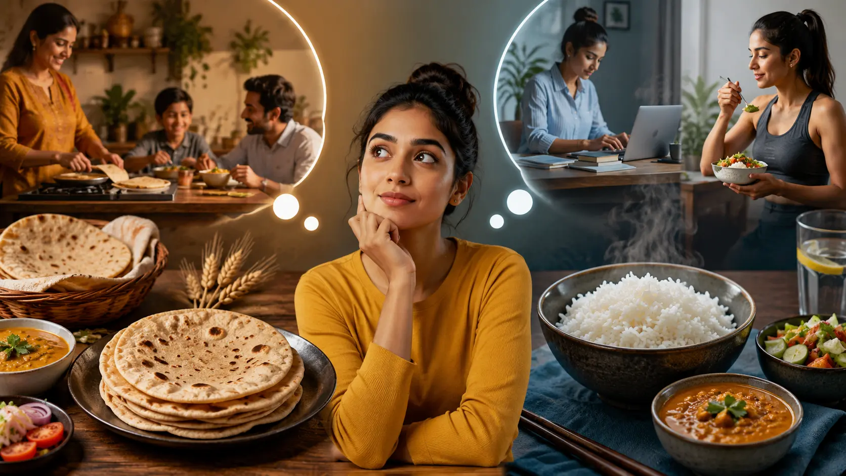 Roti vs Rice comparison showing daily lifestyle food choices in Indian meals