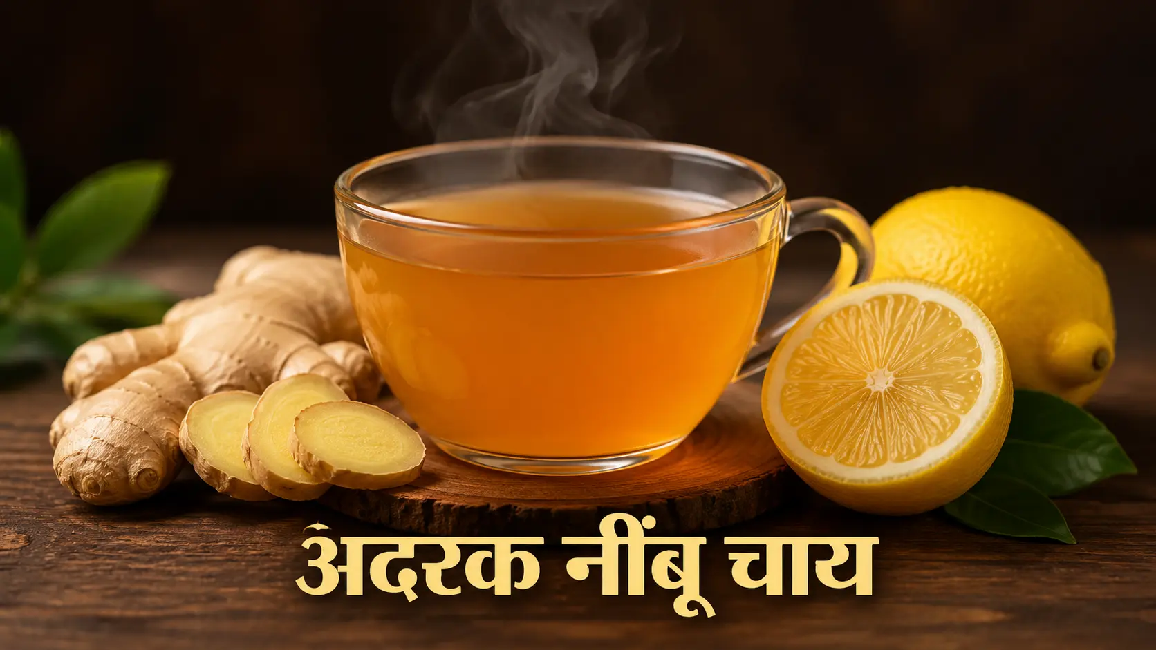 अदरक और नींबू के साथ गर्मागर्म चाय का कप, हल्की भाप उठती हुई देसी स्टाइल में