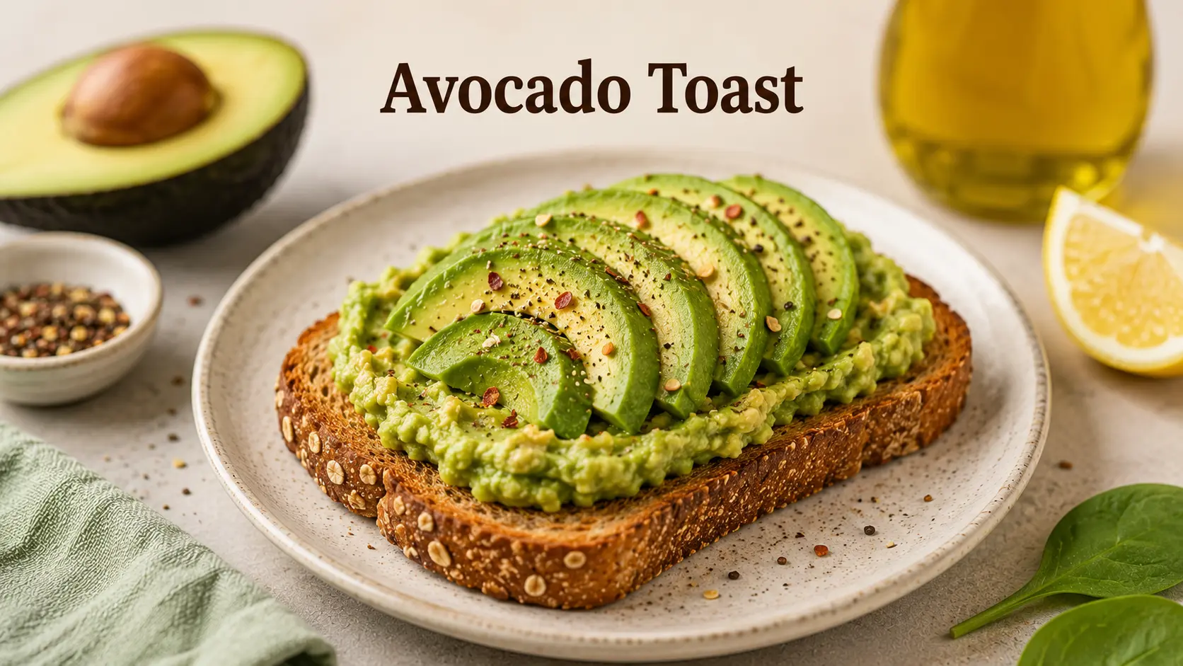 Avocado Toast topped with mashed avocado on whole wheat bread