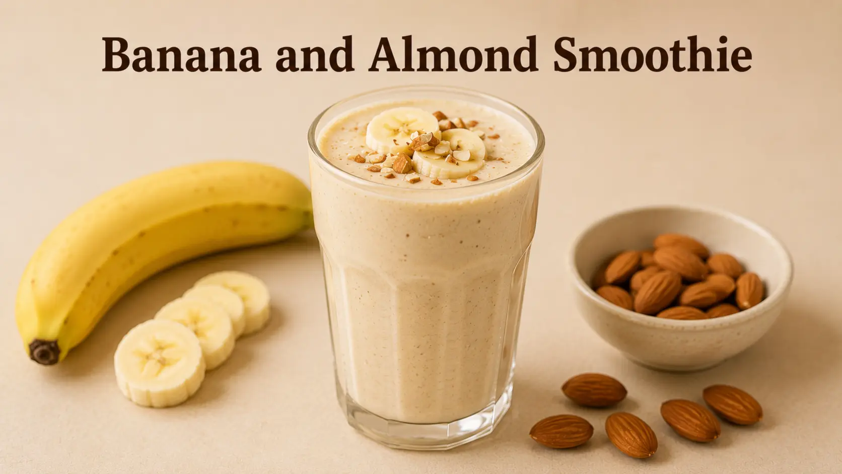 Banana and Almond Smoothie served in a glass with banana slices and almonds
