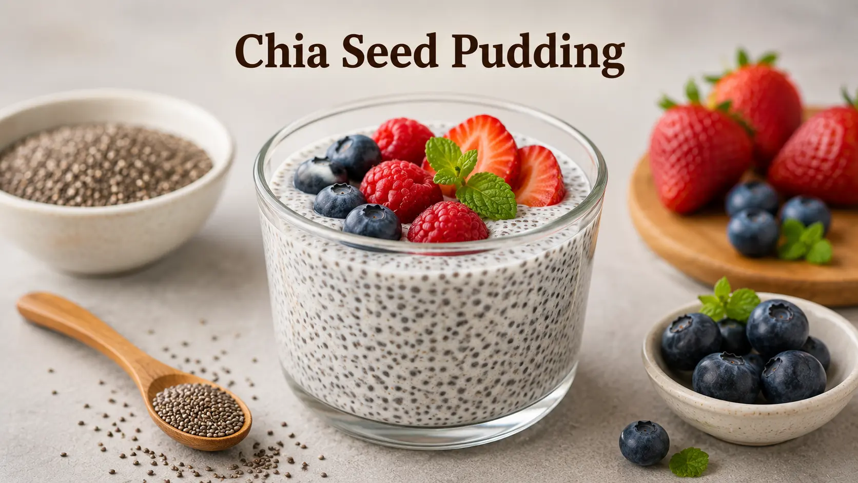 Chia Seed Pudding topped with fresh fruits in a glass jar