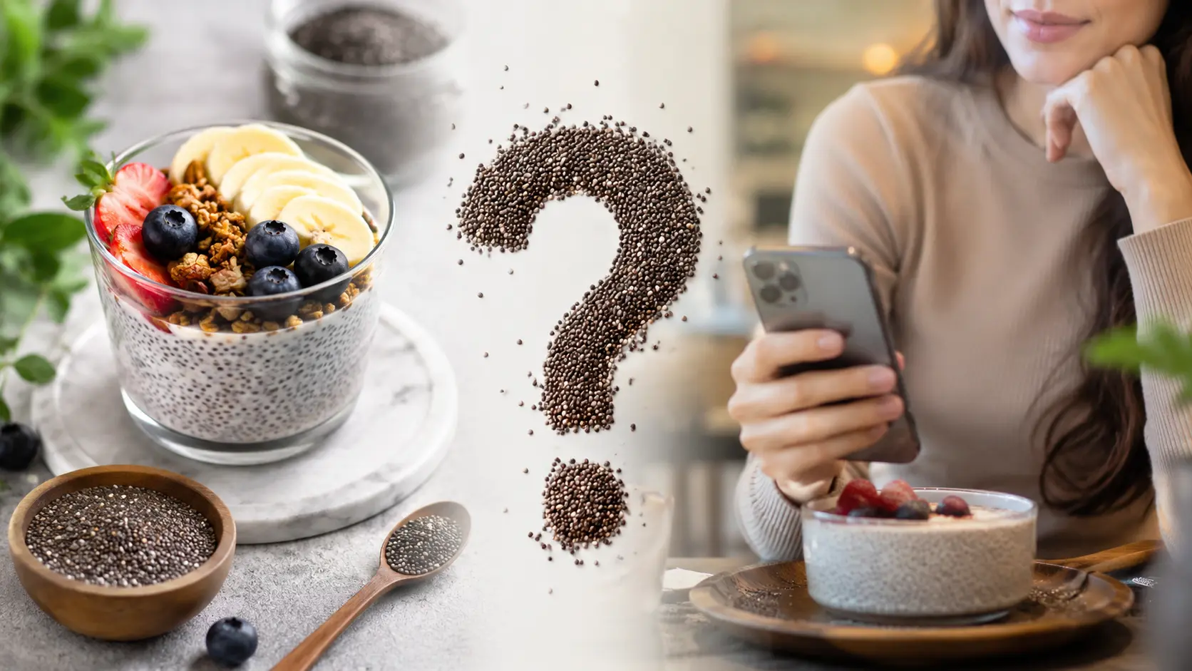 Chia seeds modern lifestyle concept showing healthy food bowl and digital lifestyle contrast representing trend vs fashion debate