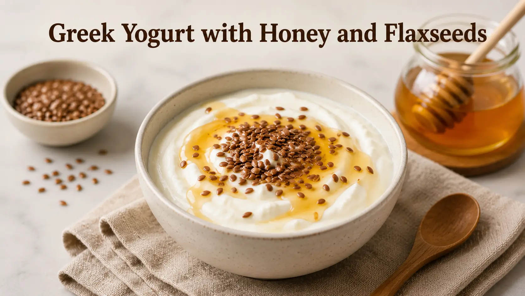 Greek Yogurt with Honey and Flaxseeds bowl topped with honey and flaxseeds