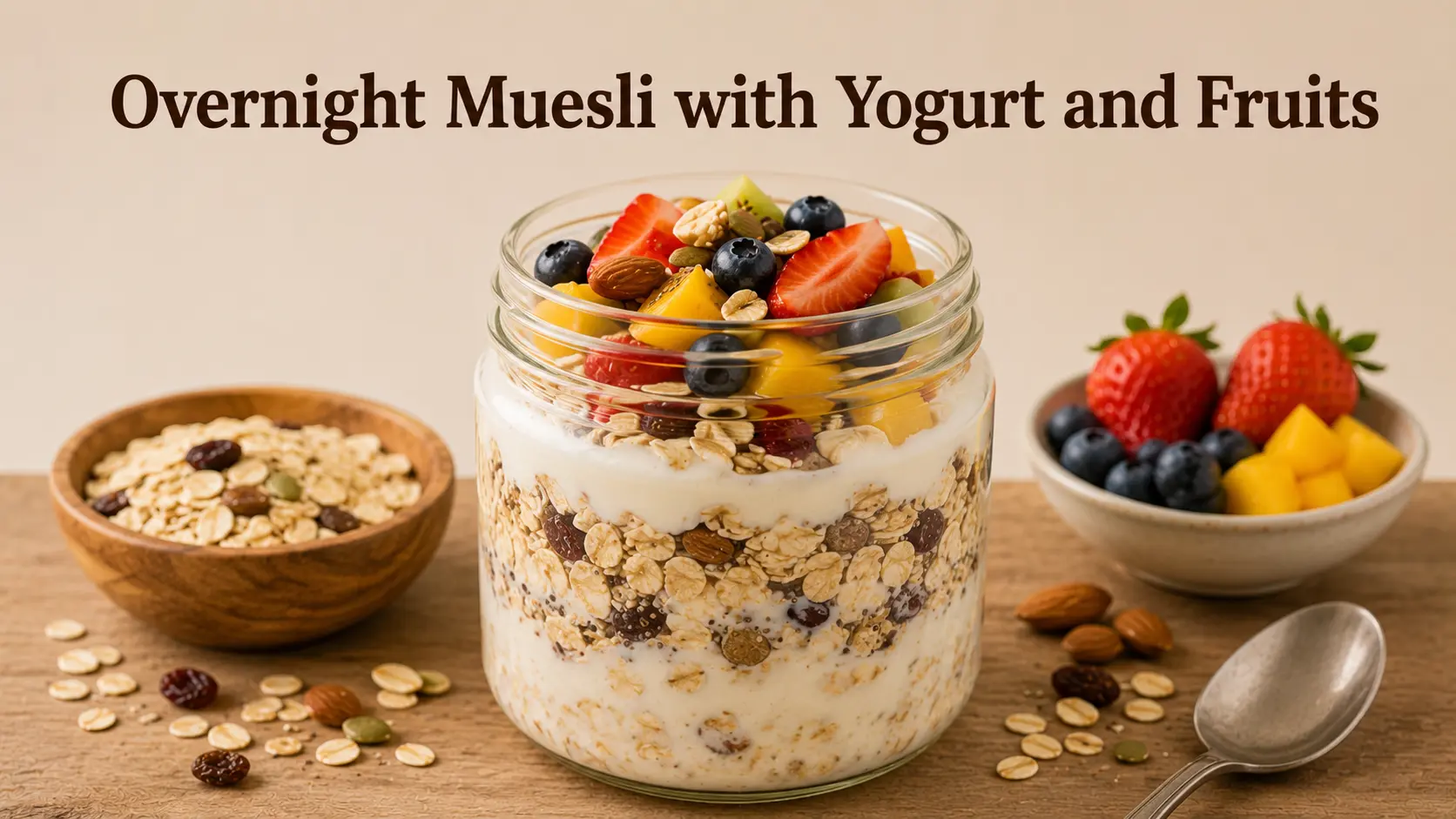 Overnight Muesli with Yogurt and Fruits served in a glass jar with fresh fruit toppings