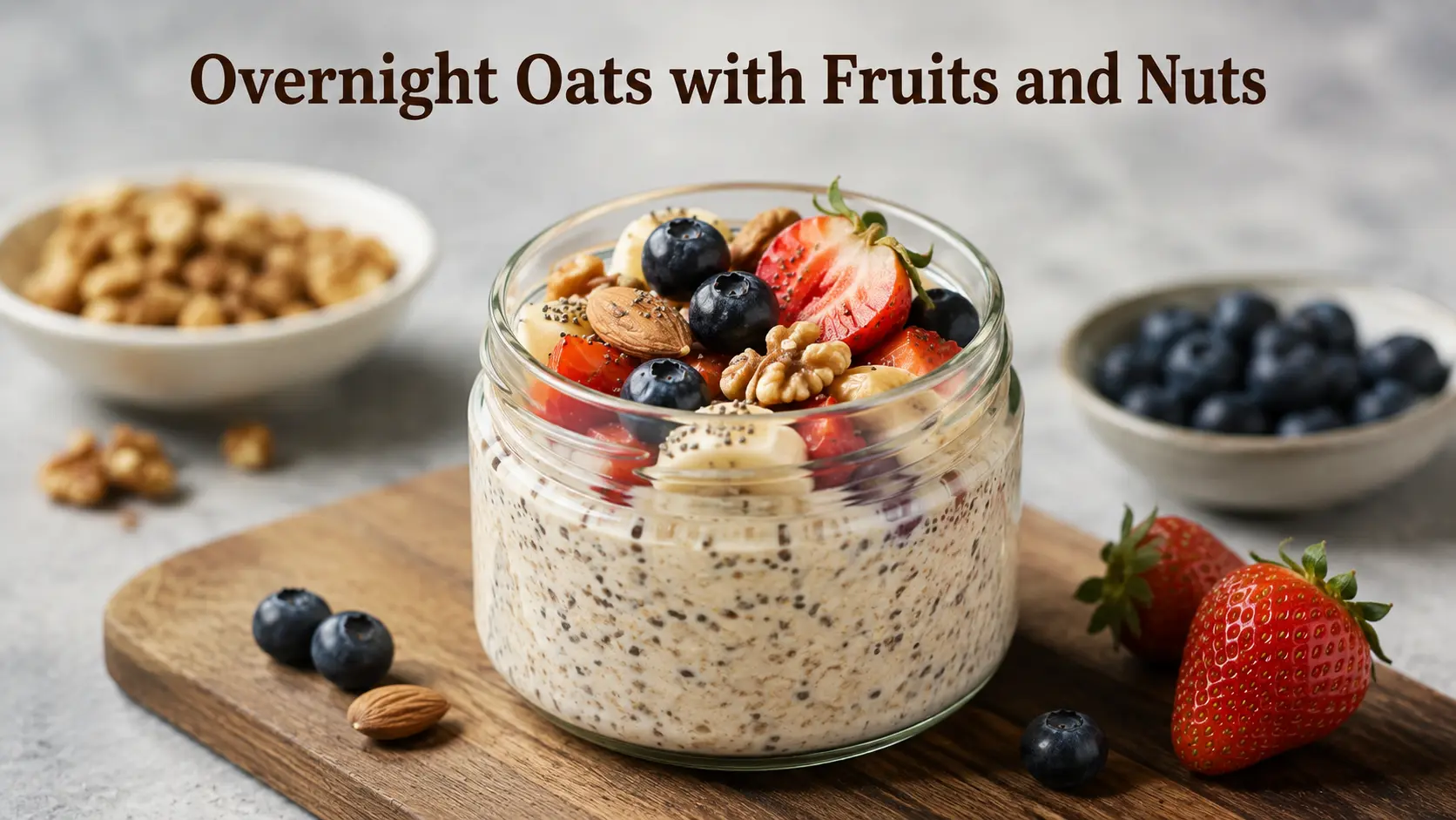 Overnight Oats with Fruits and Nuts तैयार करने के लिए oats, fruits और nuts से भरा jar