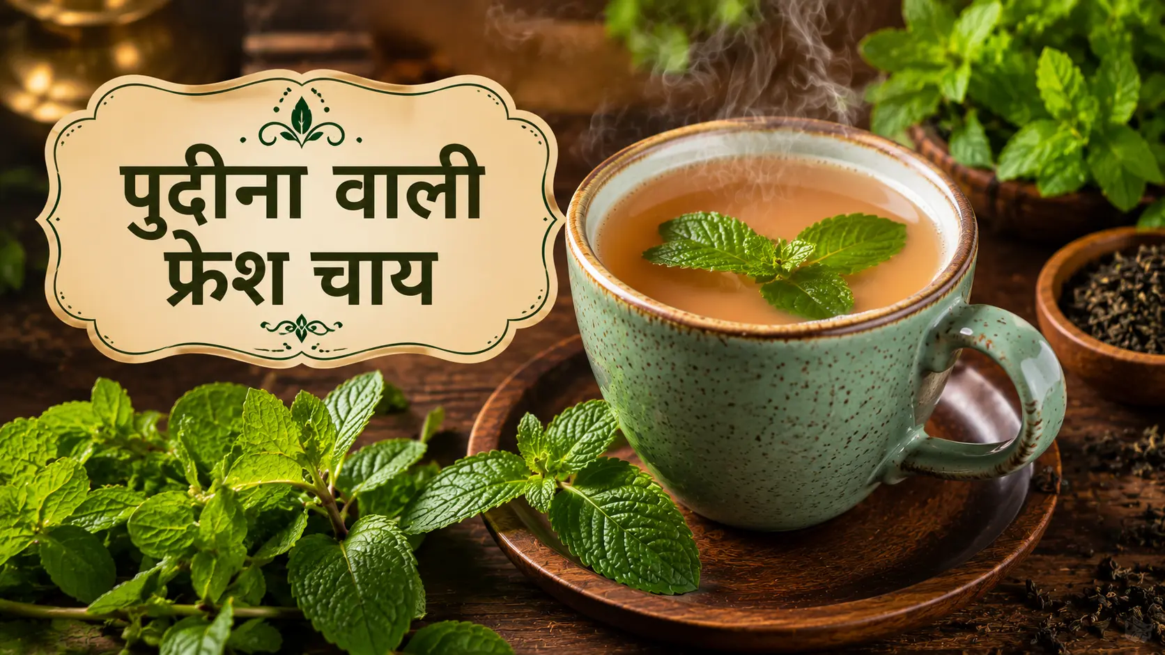 ताज़ी पुदीना पत्तियों के साथ फ्रेश चाय का गर्म कप, भाप उठती हुई और देसी स्टाइल में सर्व की गई