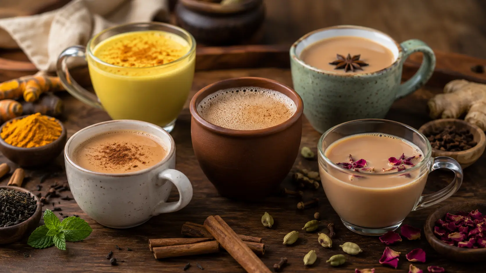 सुबह की चाय के साथ 5 अलग चाय रेसिपी जैसे अदरक, इलायची, तुलसी, पुदीना और दालचीनी वाली चाय का सुंदर दृश्य