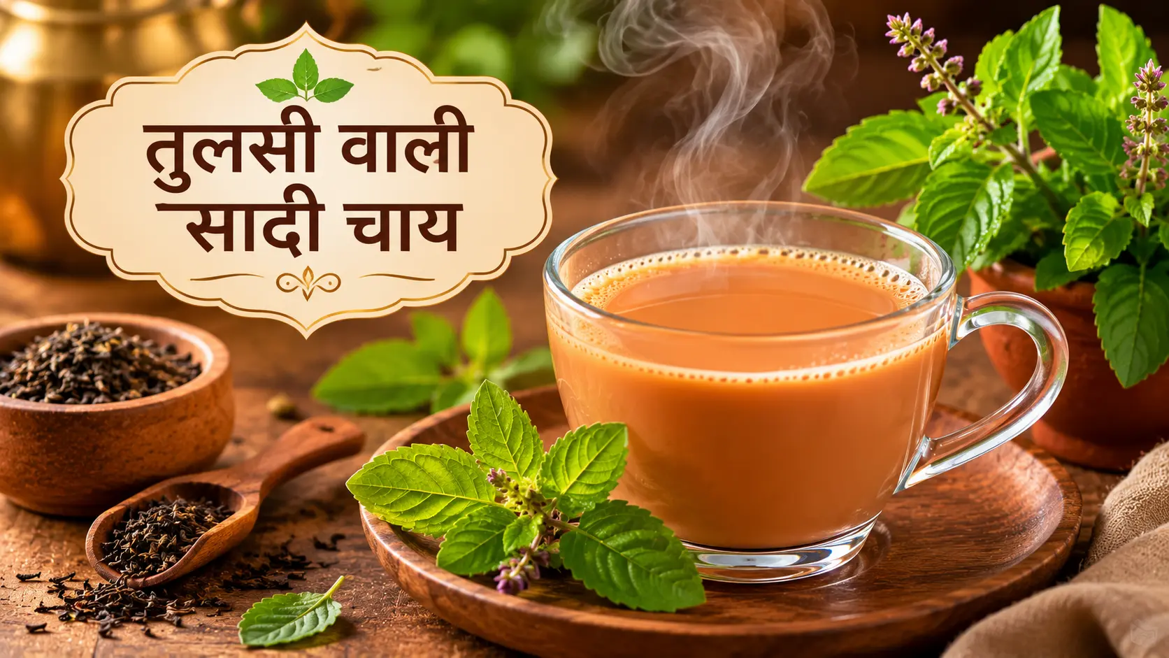 ताज़ी तुलसी की पत्तियों से बनी हल्की सादी चाय का गर्म कप, देसी स्टाइल में भाप उठती हुई चाय