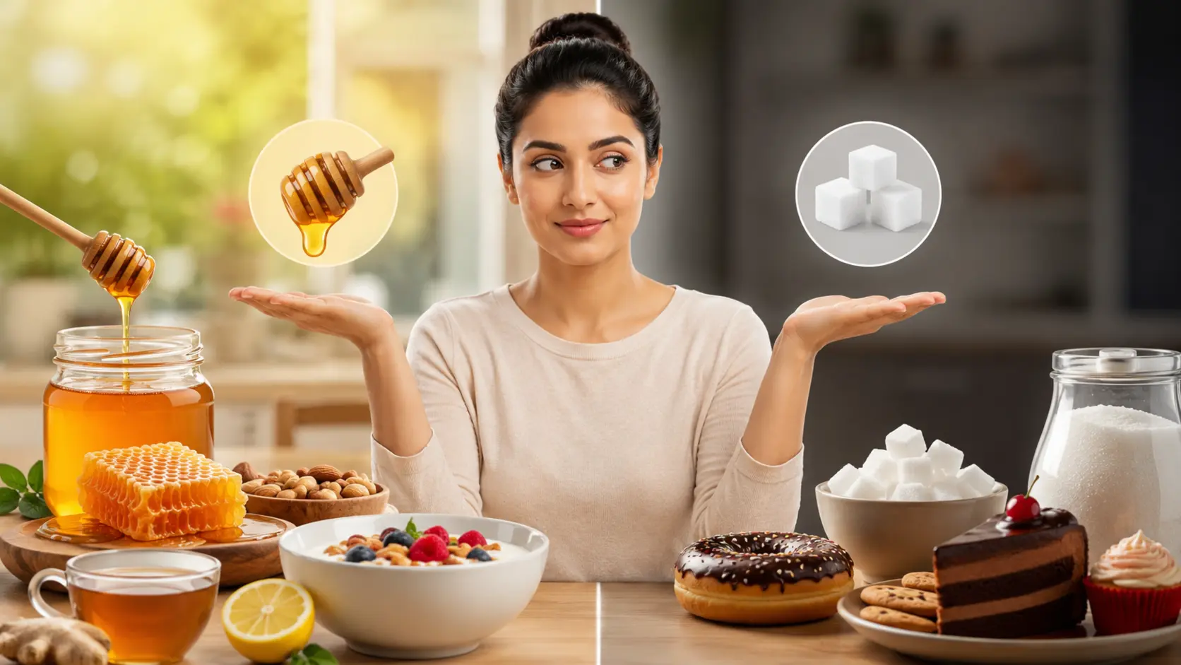 Honey vs Sugar comparison in daily life showing kitchen use of both sweeteners
