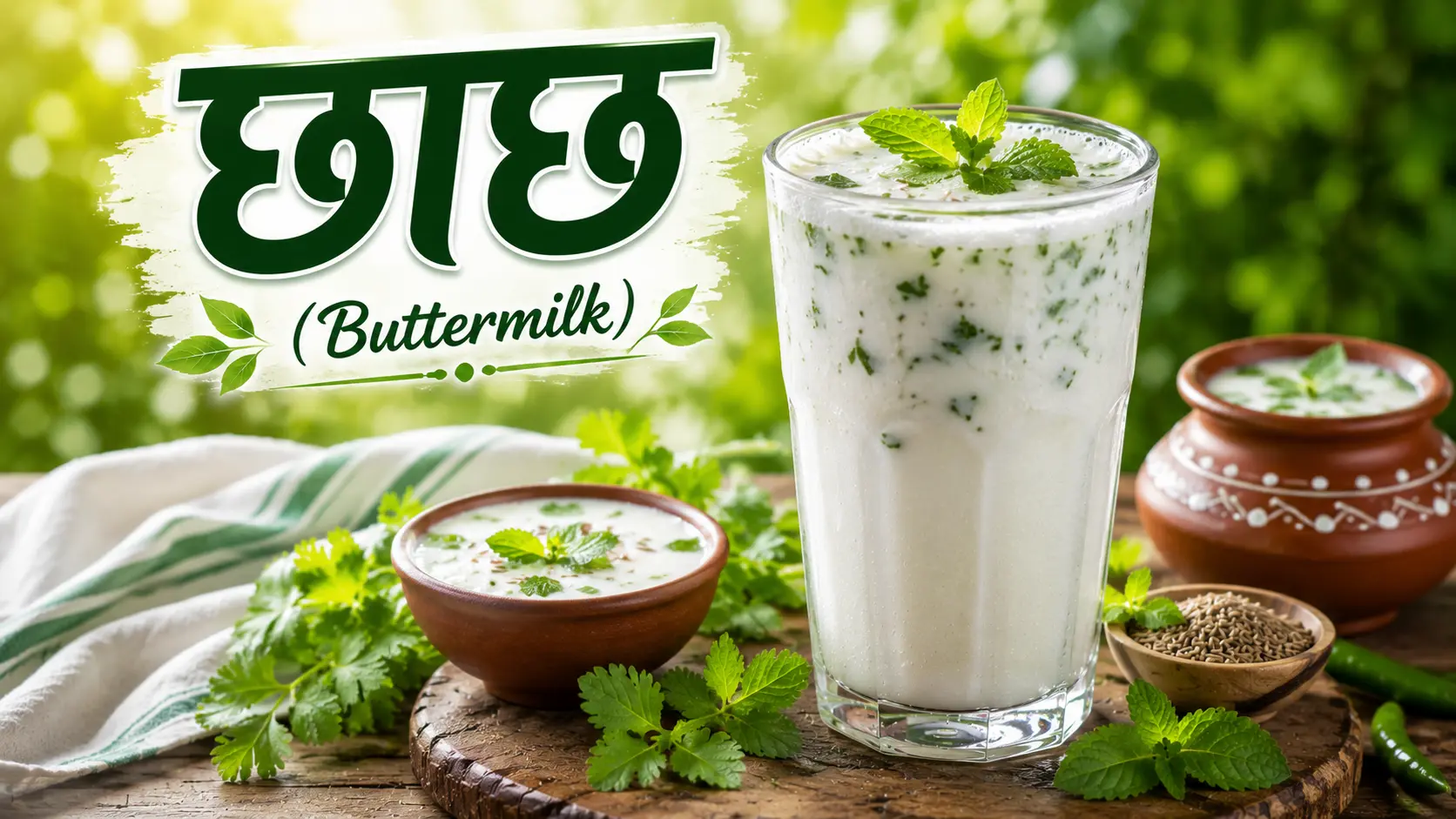 मिट्टी के गिलास में परोसी गई छाछ (Buttermilk) जिस पर भुना जीरा और हरी धनिया की सजावट की गई है