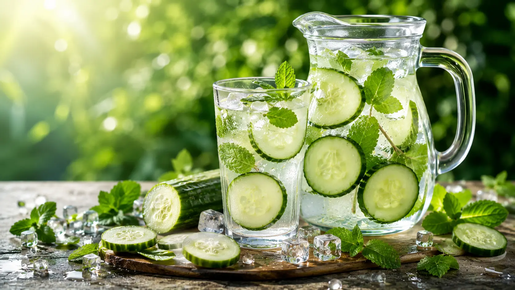 खीरे के स्लाइस और ताज़े पुदीने के साथ Cucumber Infused Water एक Refreshing Summer Drink के रूप में