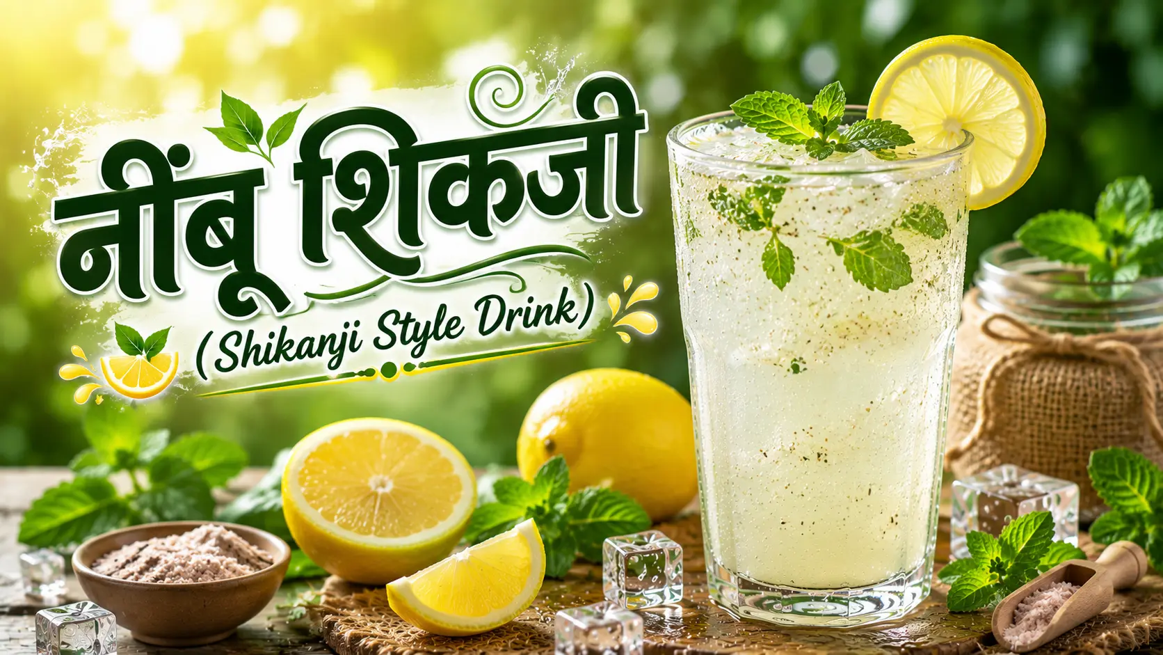 नींबू के स्लाइस, पुदीने की पत्तियों और बर्फ के साथ परोसी गई Shikanji Style Drink