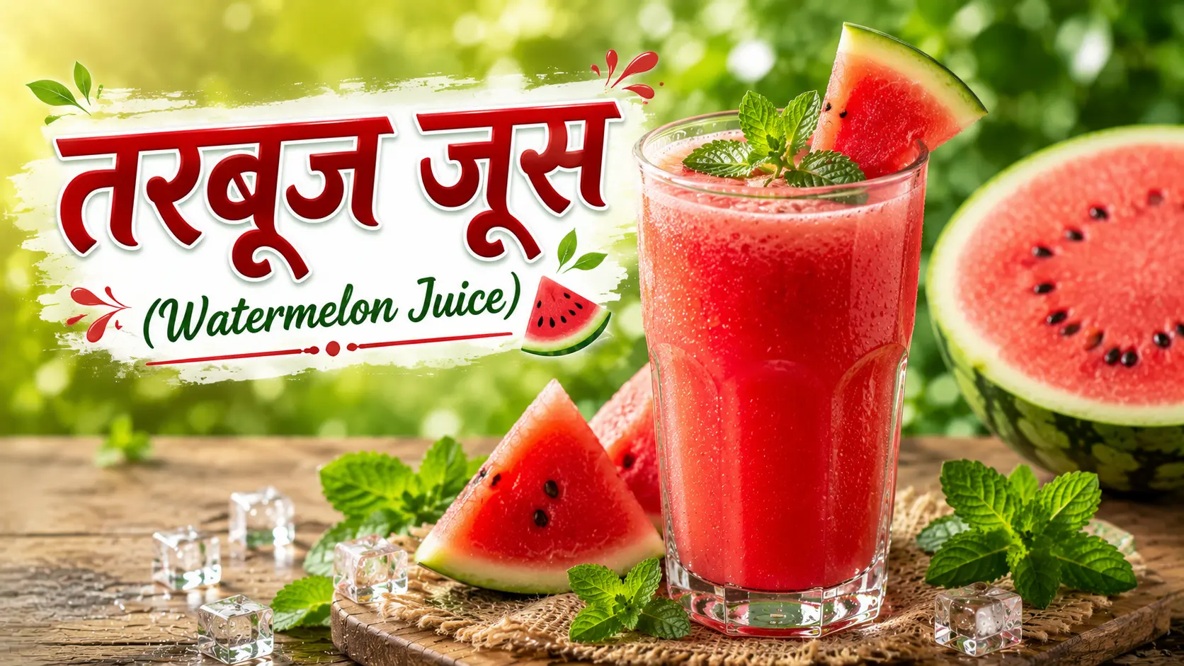 ताज़े तरबूज के टुकड़ों और बर्फ के साथ परोसा गया Watermelon Juice एक Refreshing Summer Drink के रूप में