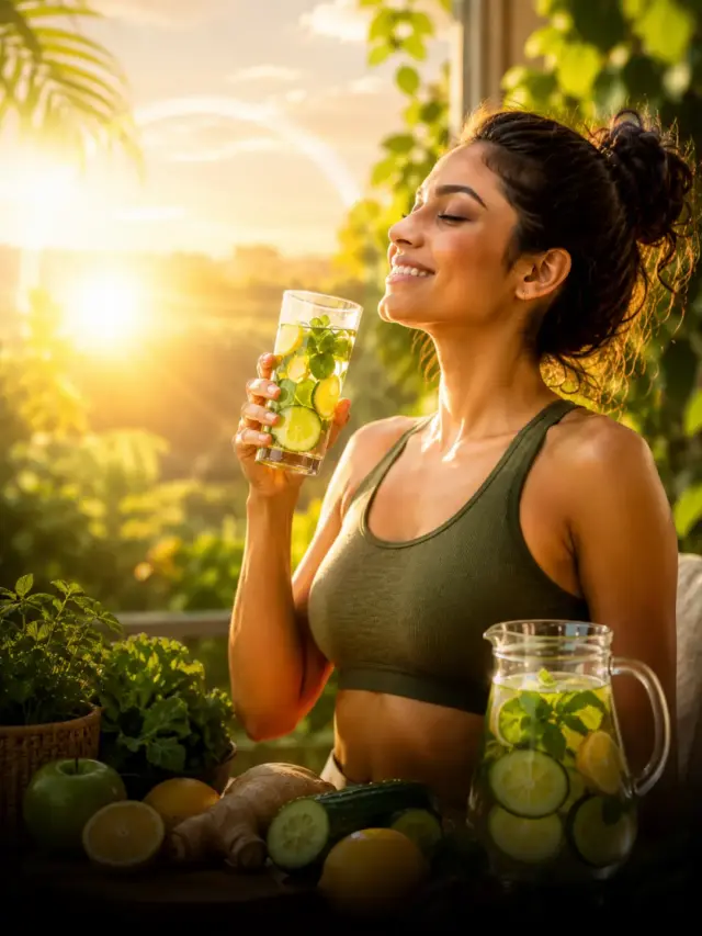 Healthy Indian morning detox thumbnail with wellness theme for glowing skin and healthy body