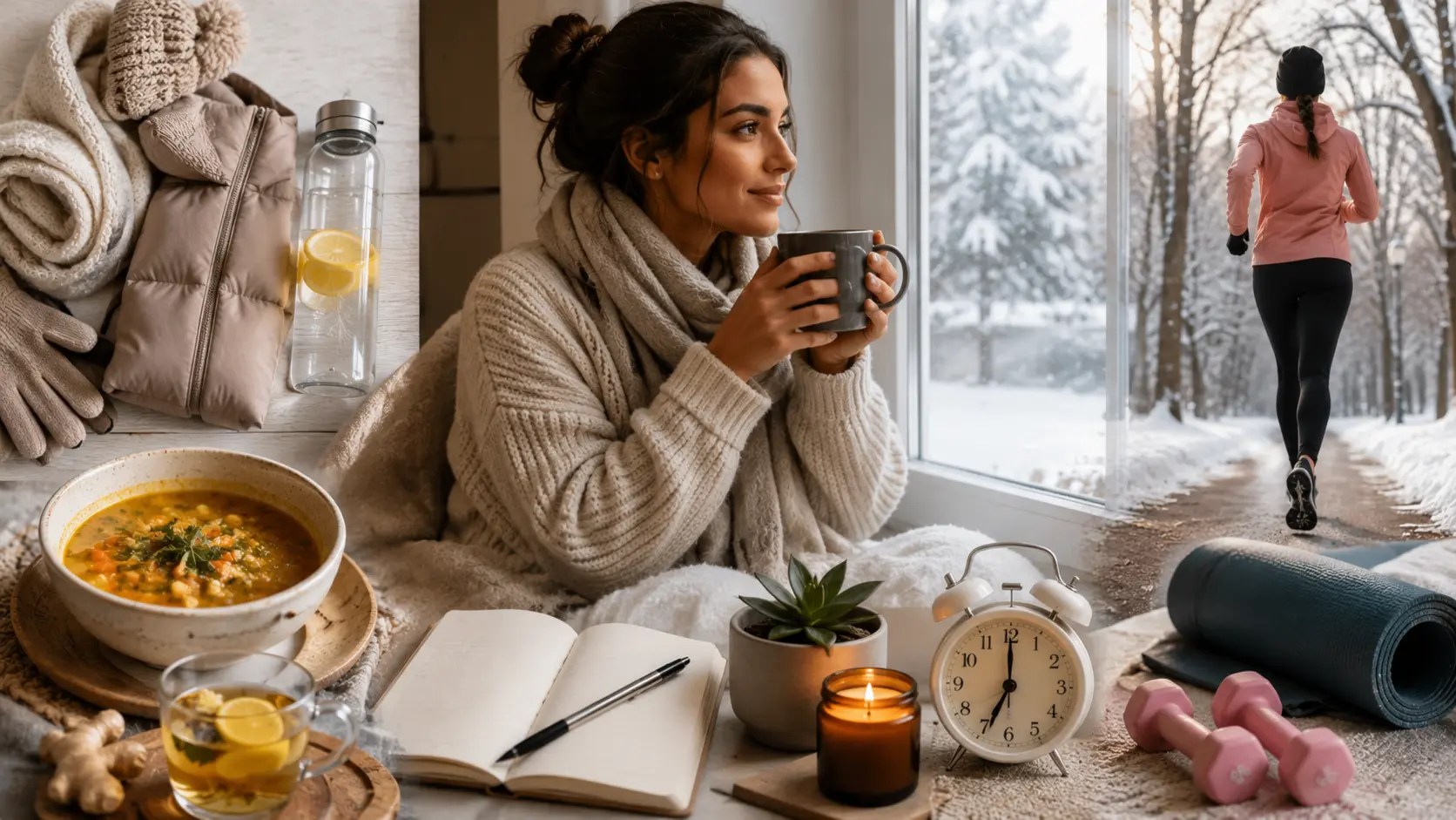Winter Smart Living Hacks दिखाती इमेज जिसमें ठंड में active रहने के 10 आसान lifestyle tips बताए गए हैं