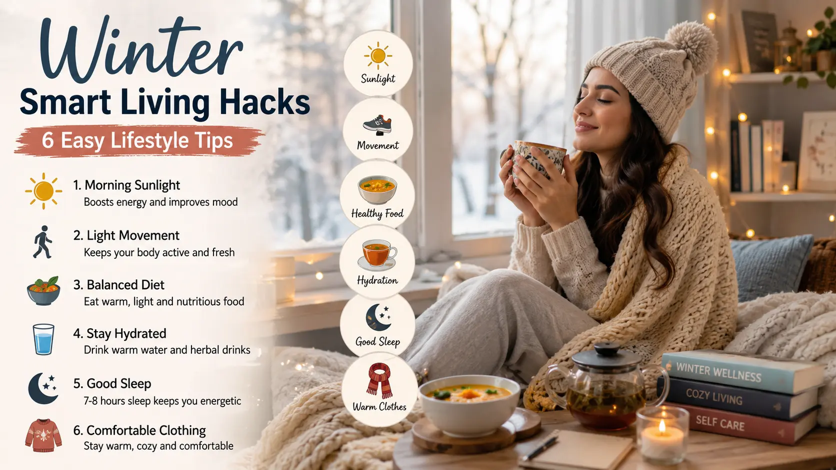 Winter Smart Living Hacks lifestyle tips with cozy home setup showing warm drinks, sunlight, comfortable clothing and healthy winter routine habits