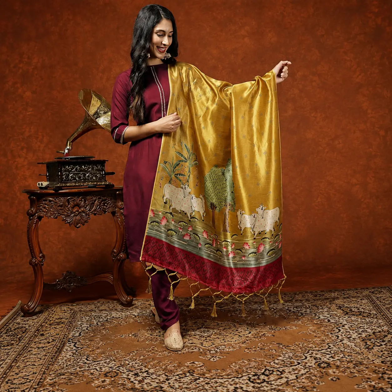 EthnicJunction Women's Cotton Blend Kurta Pant Dupatta Set