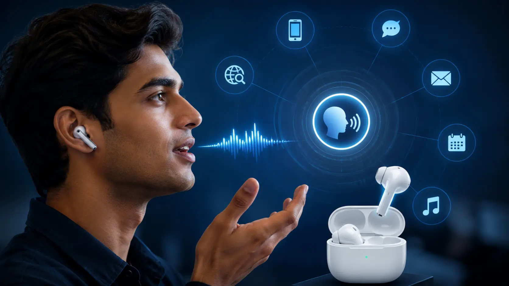 AI Earbuds with smart AI voice control feature, allowing users to perform tasks by speaking instead of typing