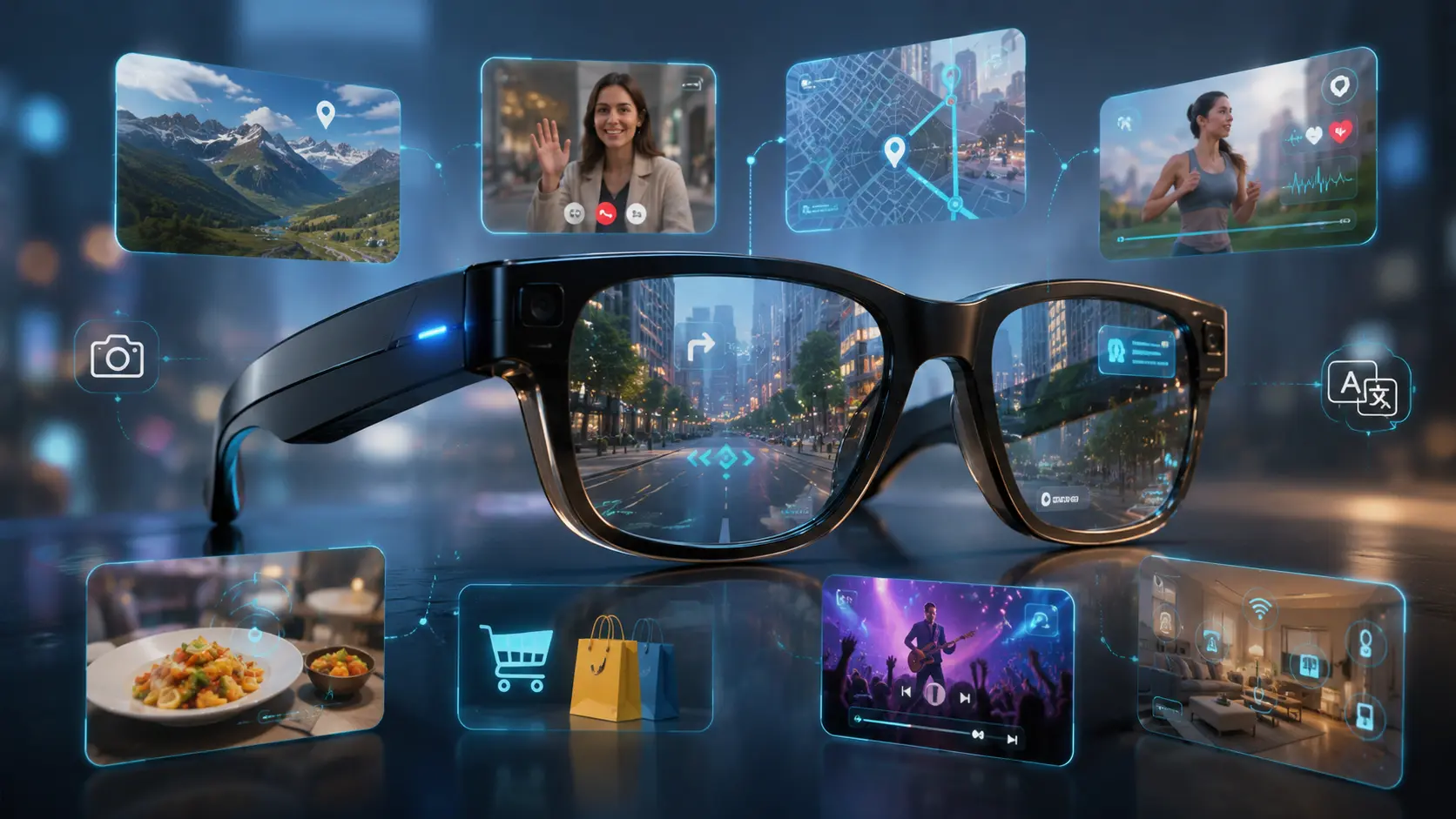 AI Smart Glasses पहनकर भविष्य की तकनीक का अनुभव करता व्यक्ति