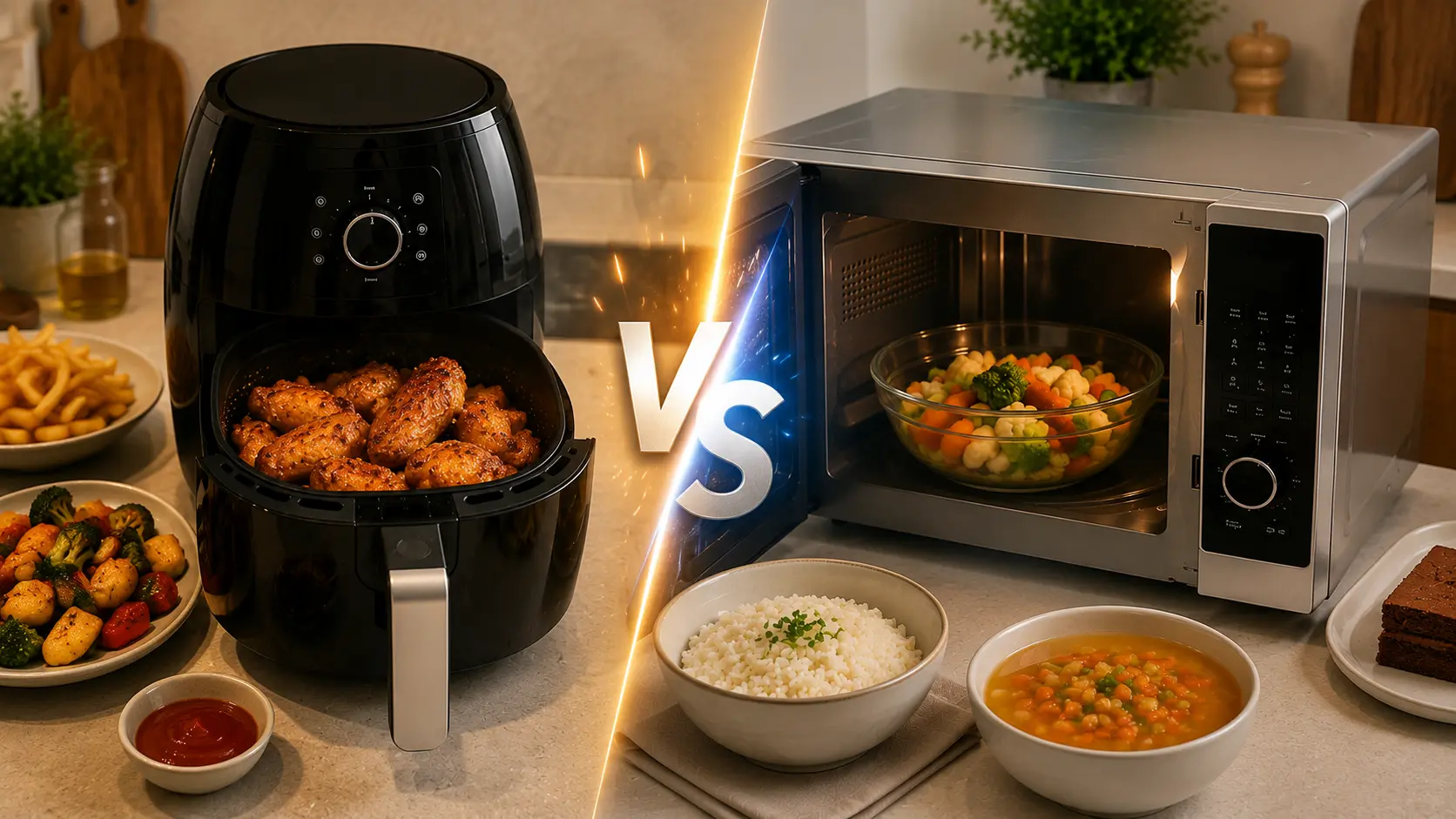 Air Fryer vs Microwave comparison showing healthy cooking, reheating, features and kitchen appliance differences