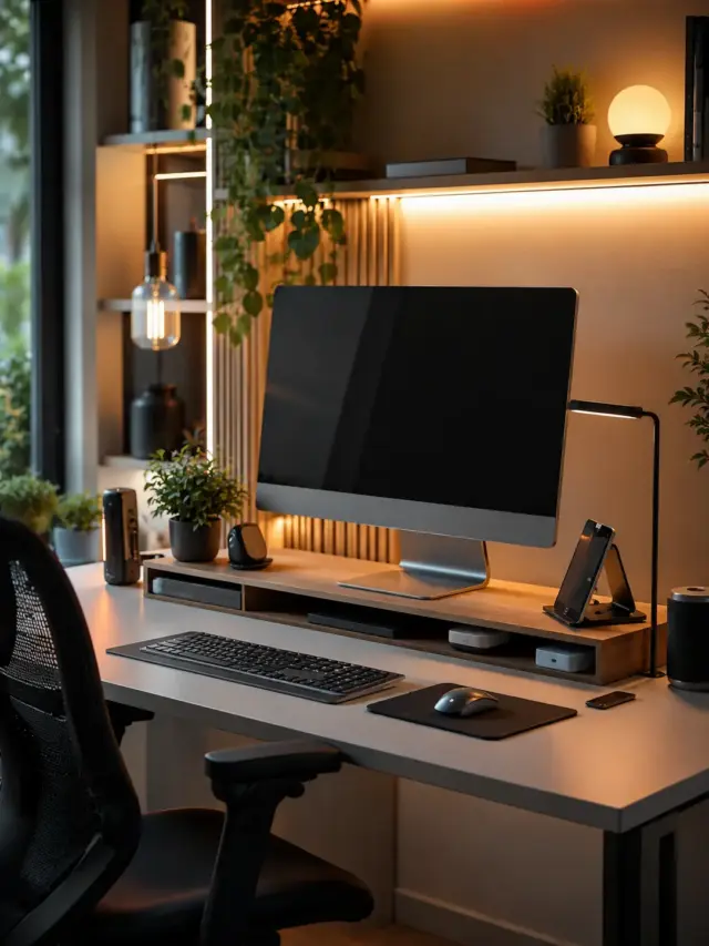 Modern AI smart desk setup with digital devices, voice assistant, smart lighting, and productivity tools for future office workspace.