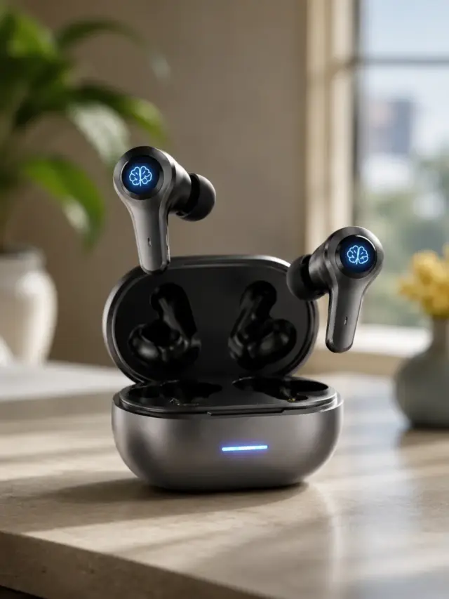 AI Earbuds पहनकर यूज़र वॉइस कमांड से तुरंत जवाब पा रहा है, स्मार्ट AI असिस्टेंट टेक्नोलॉजी दिखाते हुए