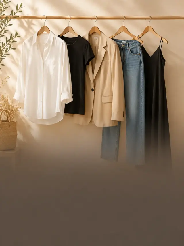 Capsule Wardrobe Formula दिखाती इमेज जिसमें 5 कपड़ों से 10 क्लासी और स्टाइलिश आउटफिट लुक्स बनाए गए हैं
