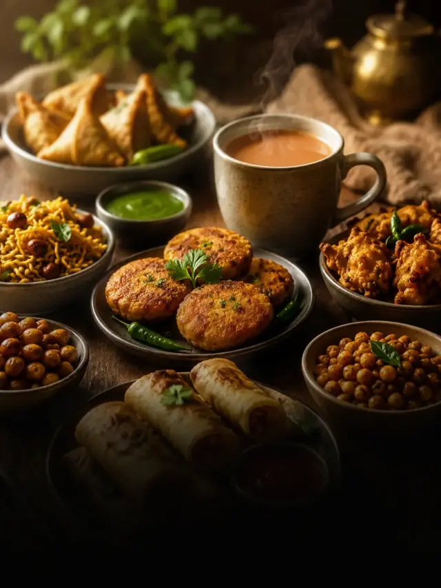 चाय के साथ परोसे गए 10 स्वादिष्ट स्नैक्स, जिनमें कॉर्न चाट, पनीर बाइट्स, मोमोज, टैको कप्स और अन्य शाम के नाश्ते शामिल हैं।