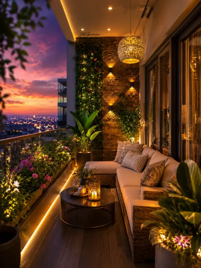 Stylish small balcony decorated with plants, wooden furniture and cozy aesthetic decor