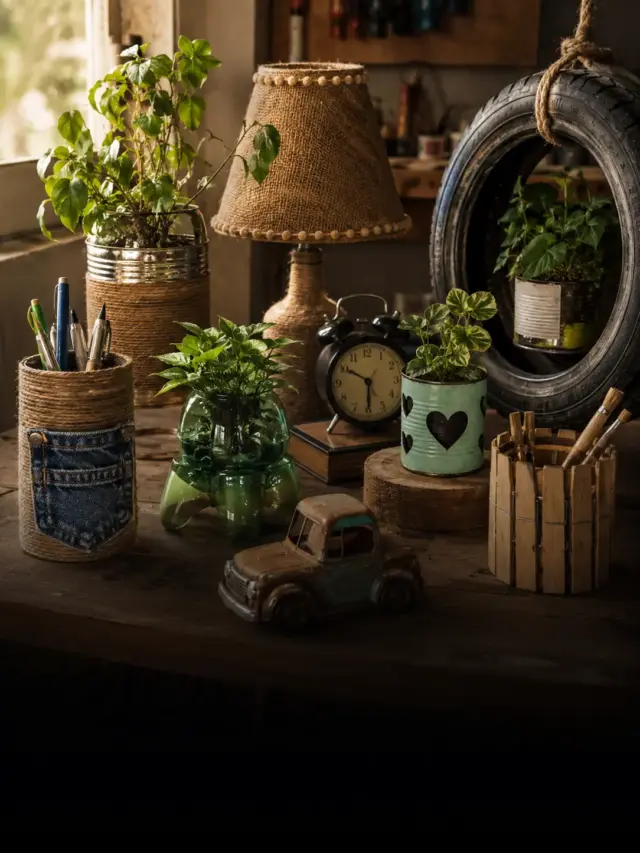 पुरानी फालतू चीजों से बनाए गए 10 आसान DIY आइडियाज दिखाता एक क्रिएटिव होम डेकोर और रीसायकलिंग कॉन्सेप्ट