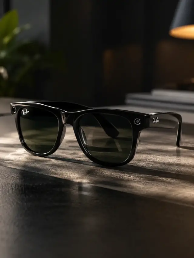 Ray-Ban Meta Smart Glasses with AI assistant, camera, voice control, live translation and smart features showcased in a futuristic design.