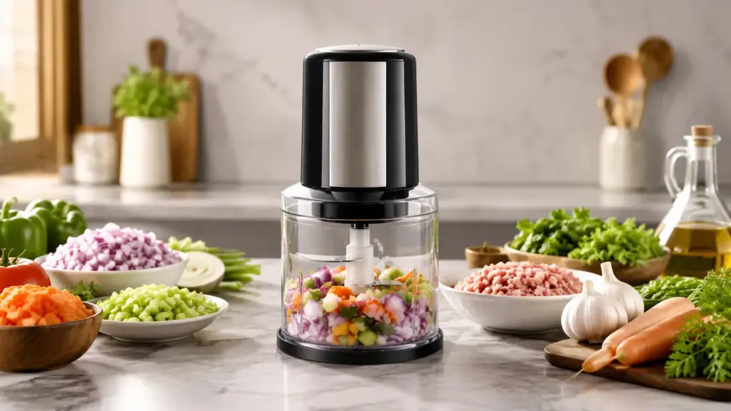 Electric Vegetable Chopper cutting vegetables quickly in modern kitchen for fast cooking