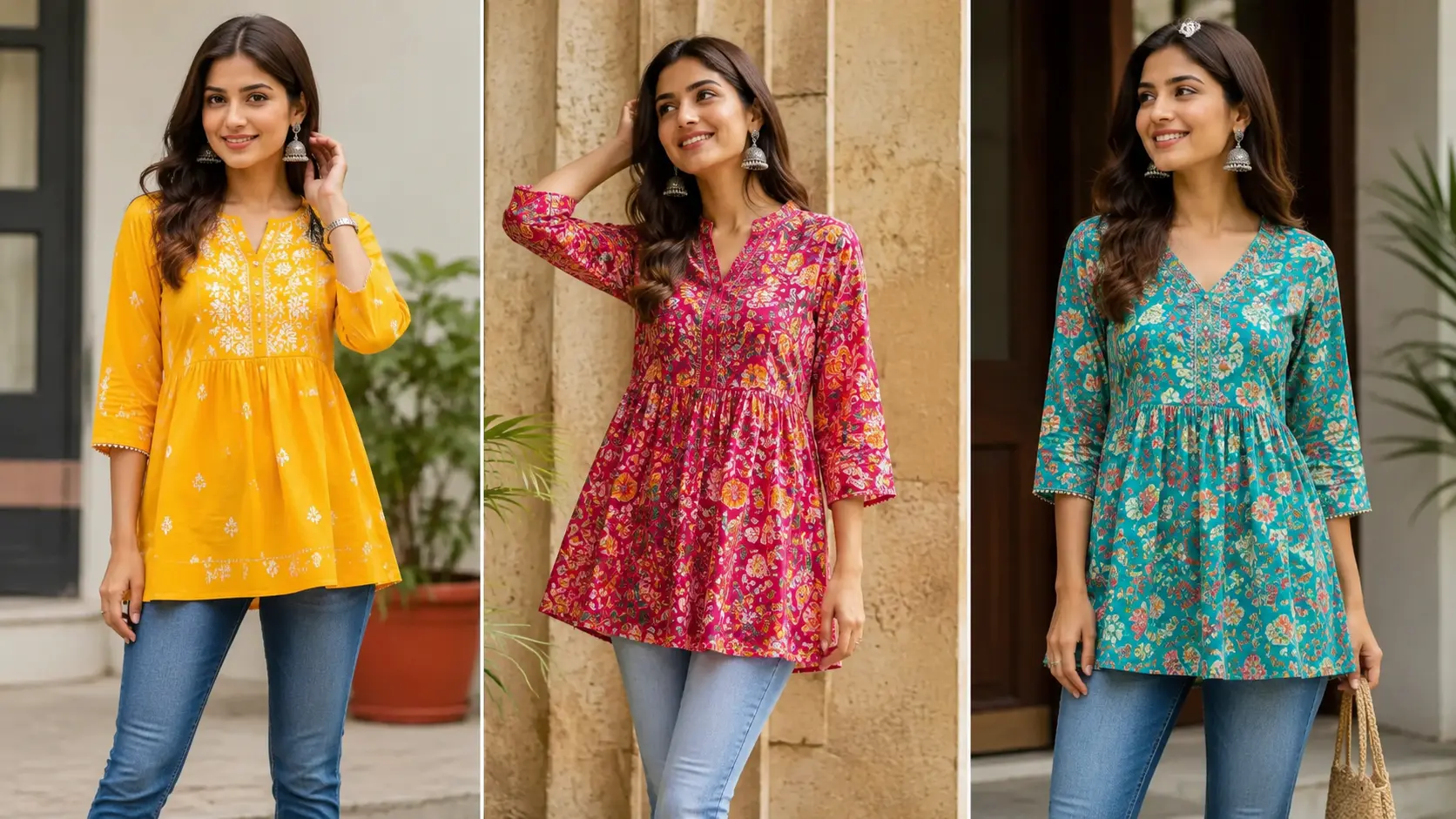 Short kurti with jeans ka stylish combination, 2026 ka popular ethnic-casual fashion look